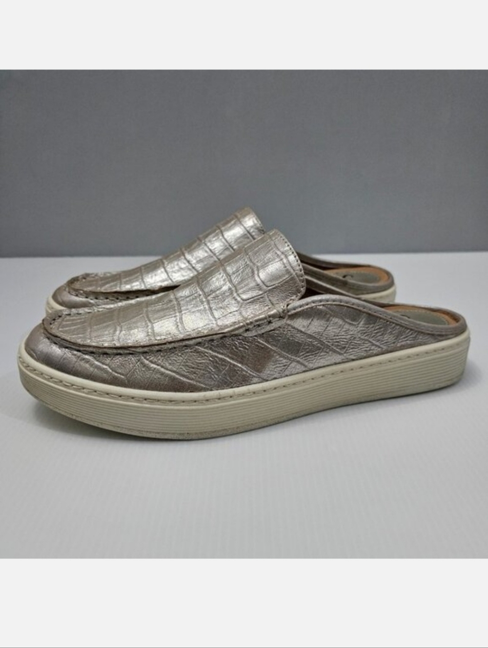 Sofft Somers Mule Sneaker Women 9.5 Metallic Taupe Croc Leather Slip On Platform